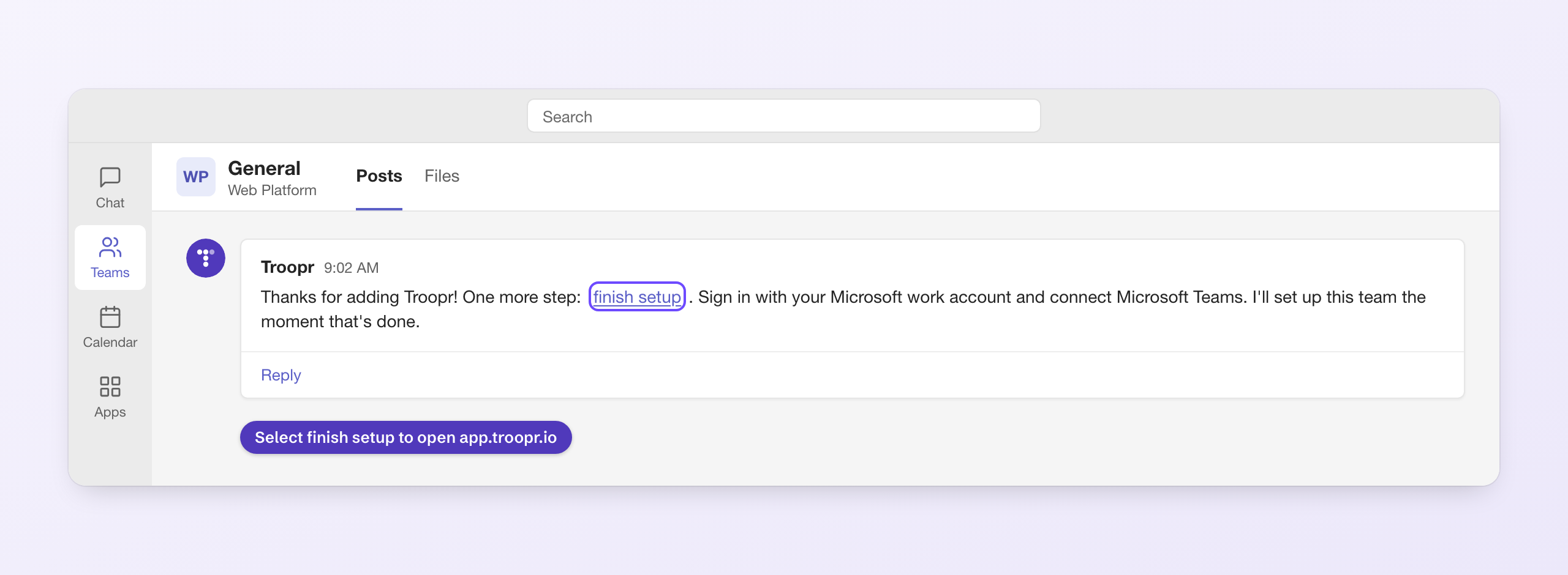 Troopr's finish setup message in Teams