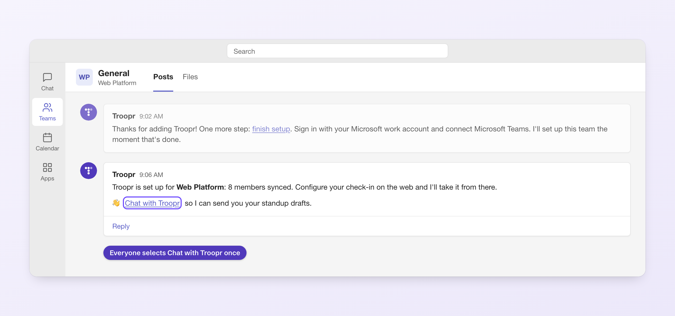 Troopr's setup message in Teams