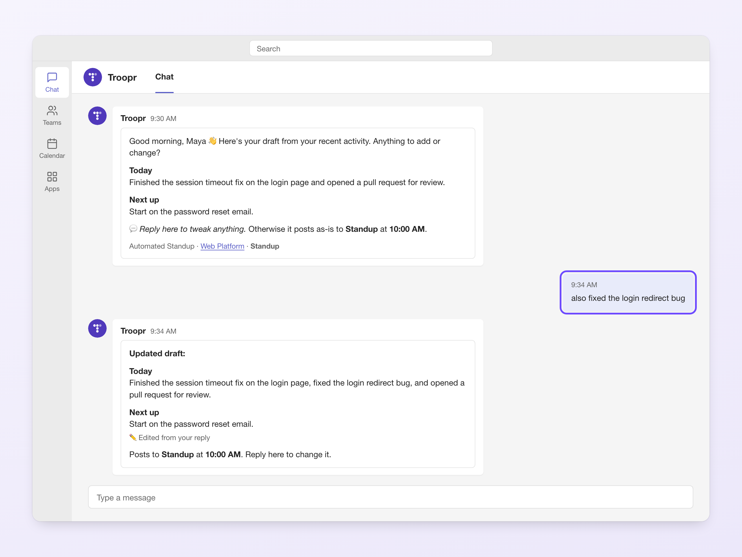 A standup update in a Teams chat