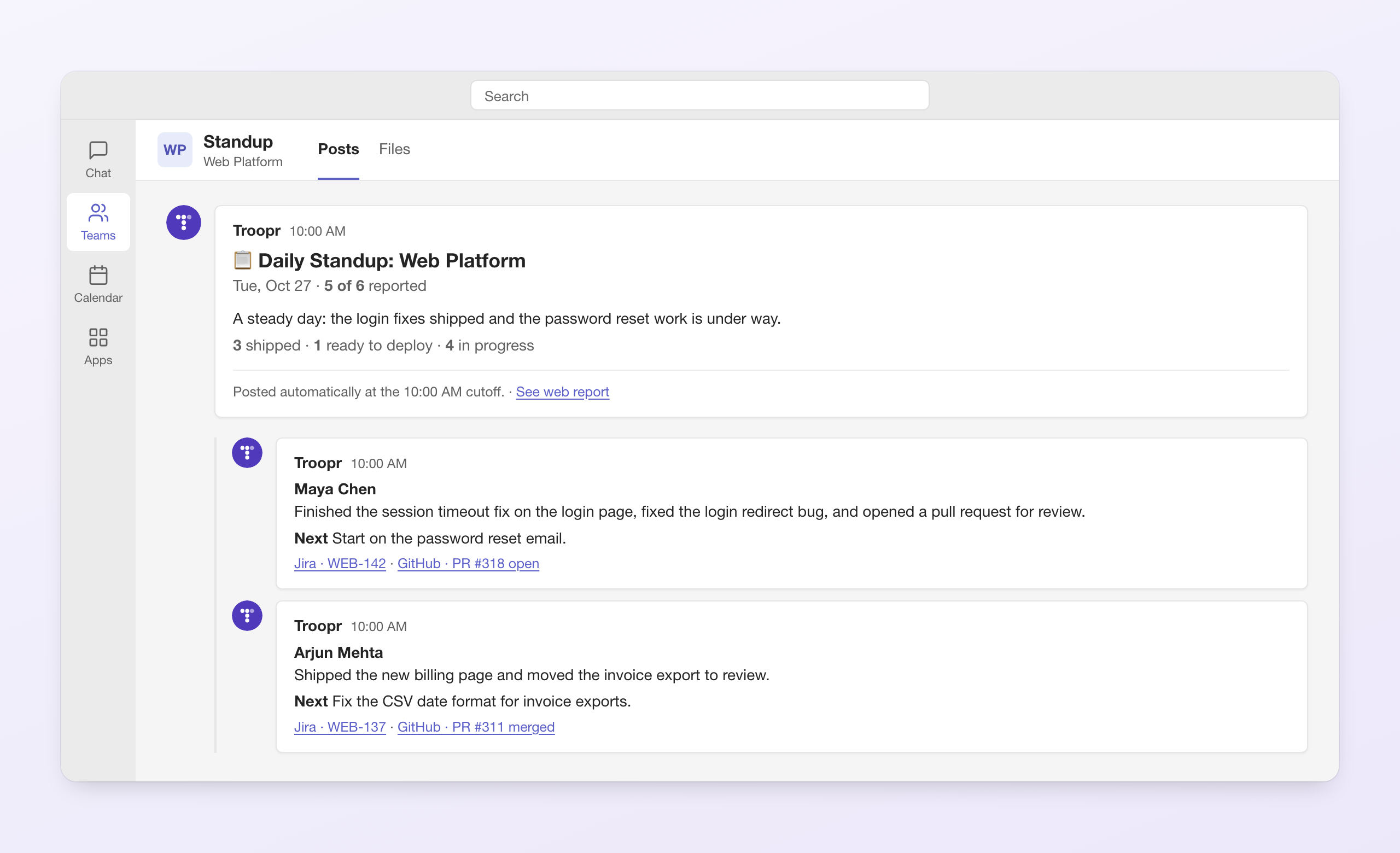 The standup post in a Teams channel
